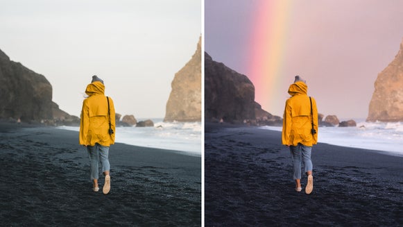 side by side photo of a girl on the beach with the sky behind her replaced on the right image