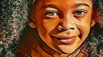A close-up portrait of a child with textured details and warm tones, styled in a pastel effect.