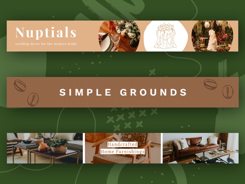 three etsy banner templates in earth tones for various shops on dark green background
