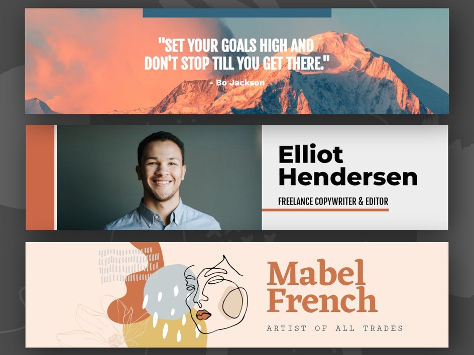 three linkedin banner templates for various working professionals with warm color palettes on dark background