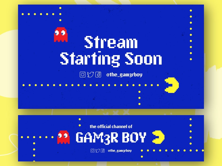 pacman inspired twitch banner in two aspect ratios on yellow background