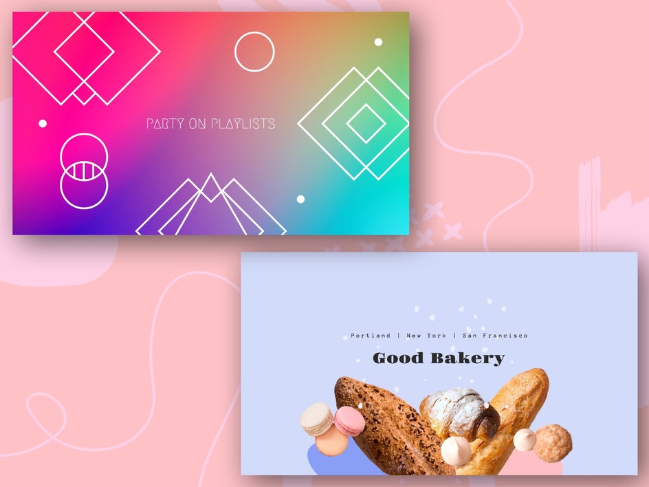 two colorful youtube banner templates on pink background