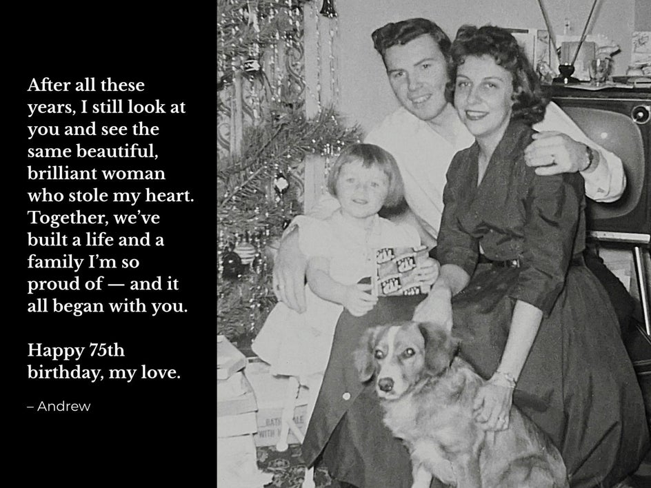 Before: A birthday tribute collage with bold text and family photo in black and white