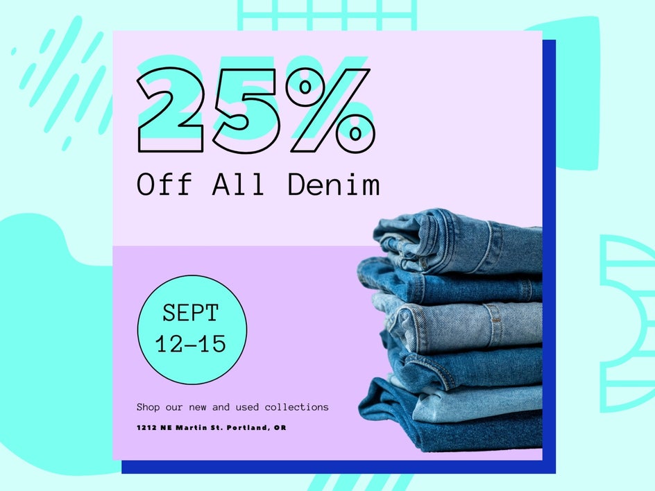final result of denim cutout image to create purple and blue sale post for denim