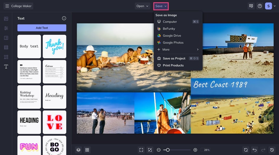 Screenshot of the Save menu in BeFunky, showing export options including Save as Project, computer download, and cloud storage.
