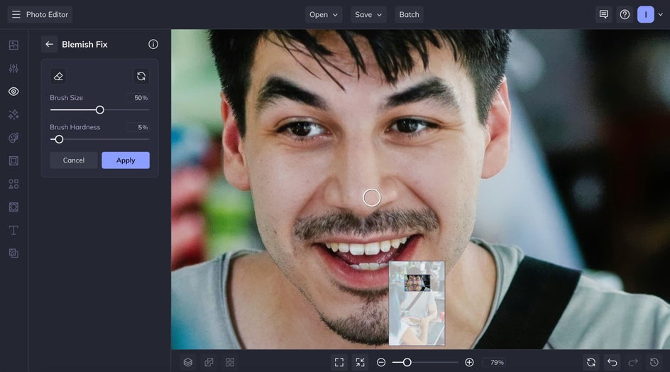Applying Blemish Fix to portrait close up.