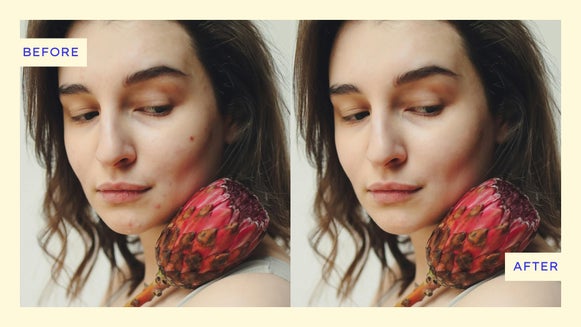 Featured Image: Before and after using the clone tool to remove blemishes and flyaways from a portrait.