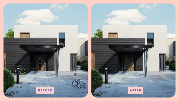 Featured image for object eraser to remove clutter in real estate photo. Before and after of tutorial example.