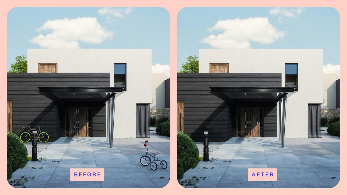 Featured image for object eraser to remove clutter in real estate photo. Before and after of tutorial example.