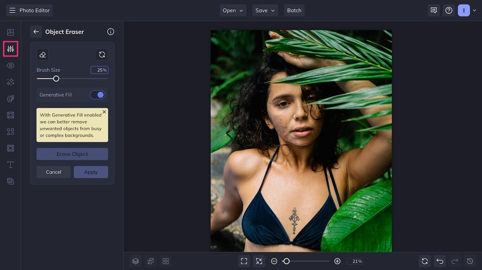 Screenshot of BeFunky’s Object Eraser interface showing an uploaded high-resolution portrait ready for editing.