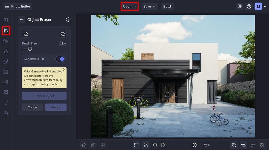 Screenshot of the BeFunky Photo Editor interface with a real estate image loaded in the Object Eraser tool.