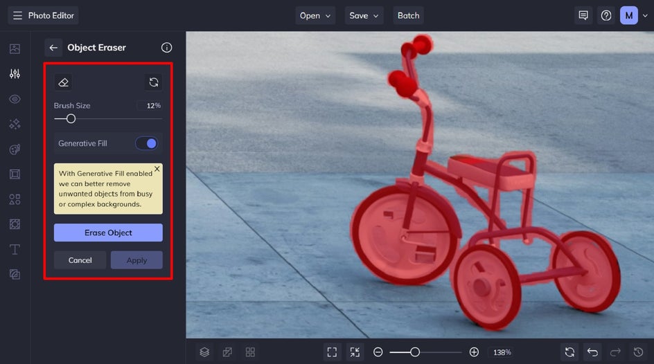Screenshot showing the Object Eraser in use, with red brush strokes highlighting an object for removal from a room’s interior.
