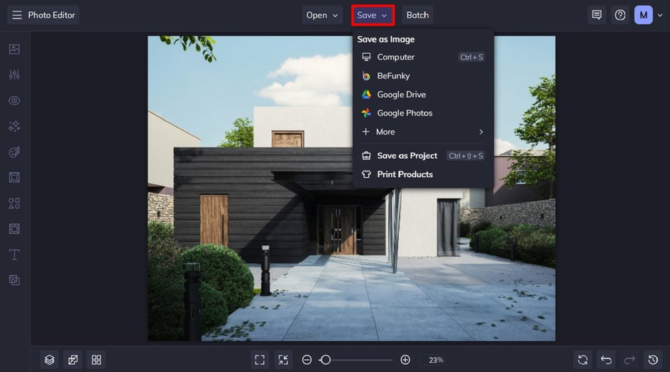 Screenshot of the BeFunky editor with the cleaned-up real estate photo and the “Save” options displayed at the top.