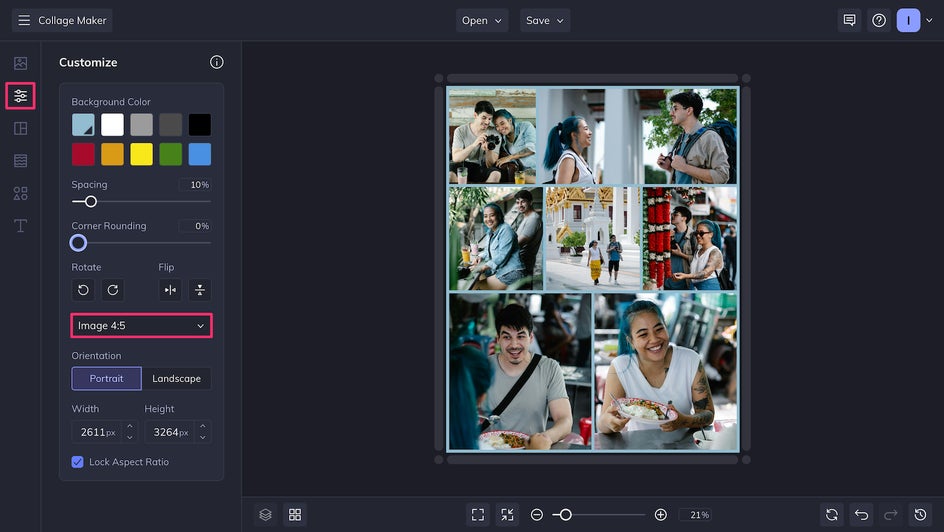 Customize collage spacing and dimensions before starting your photo touch up.