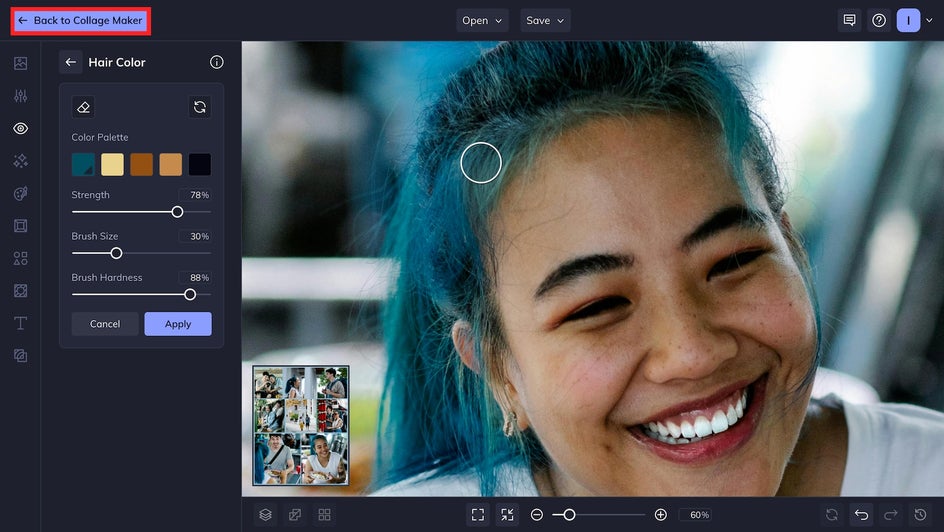 Hair Color tool applied to touch up blue haired woman.